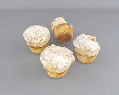 Four Fresh Muffins Topped With Powdered Sugar One Bitten On Gray Background 3d model
