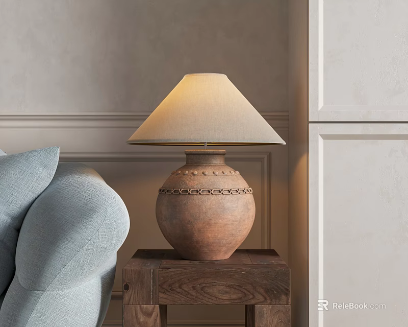 Terracotta Table Lamp With Decorative Patterns On Wooden Side Table By Light Blue Sofa 3d model