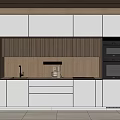 Modern Kitchen With White Cabinets Wooden Backsplash Built In Appliances And Coffee Machine