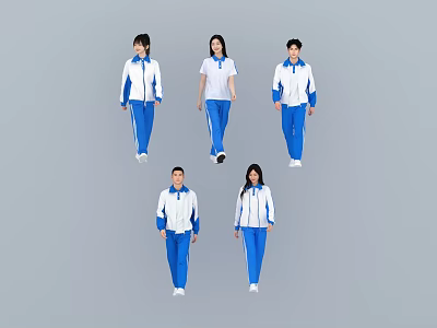 Students in Blue and White School Uniforms Standing in Various Poses on Gray Background 3d model