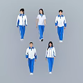 Students in Blue and White School Uniforms Standing in Various Poses on Gray Background