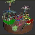 Cartoon Island Scene With Palm Trees Small Wooden House Green Grass Rocks And Boat