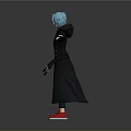 3D Character Model With Blue Hair Black Long Coat Red Shoes And Outstretched Arms