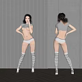 Woman in Gray Crop Top White Underwear and Striped Long Socks by Gray Striped Wall