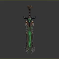 Ornate Fantasy Sword With Horned Hilt Green Glowing Blade And Red Black Accents
