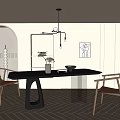 Modern Restaurant Interior With Black Dining Table Wooden Chairs Wall Art And Hanging Light