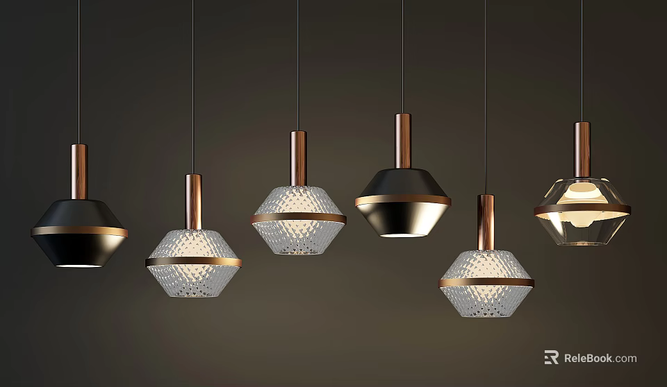 Contemporary Pendant Lights With Copper Black Frames And Geometric Cutout Shades 3d model 
