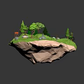 Cartoon Floating Island Scene With Green Meadow Trees Pond Mushroom House Flowers And Small Stones