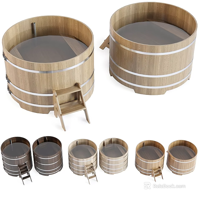 Traditional Wooden Barrel Bathtubs With Various Sizes And Wooden Steps Design 3d model 