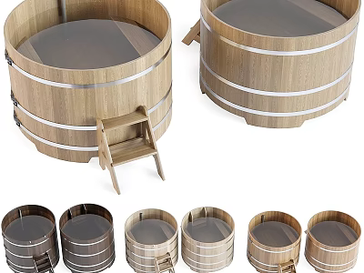 Traditional Wooden Barrel Bathtubs With Various Sizes And Wooden Steps Design 3d model