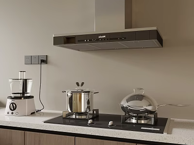 Modern Kitchen With Range Hood Food Processor Pots Wok And Stove Appliances 3d model