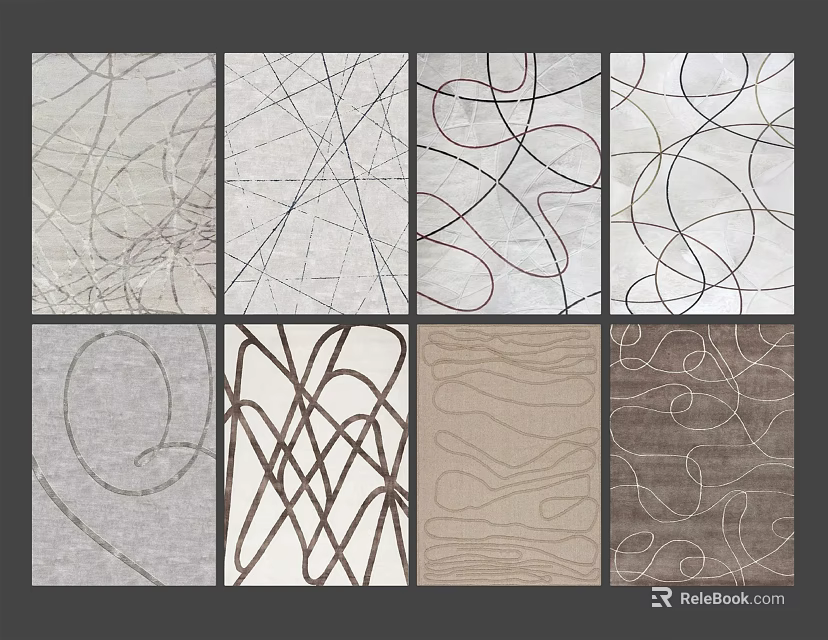 Minimalist Square Rugs Featuring Various Curved Line Patterns In Neutral Gray Brown White Tones 3d model 