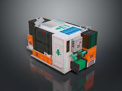 Landscape View Of Modern Structure With Solar Panels Green Cross And Colorful Modules 3d model