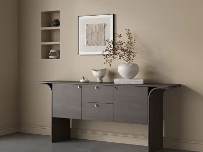 Stylish Gray Console Table With Drawers Topped With Decorative Vase Dried Branches And Wall Art 3d model