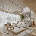 Modern Open Living Dining Area With Wooden Sofa Coffee Table Green Plants And Pendant Lights