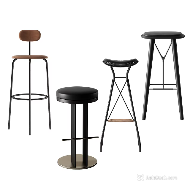 Modern Bar Stools In Various Styles With Black Seats And Metal Frames 3d model 