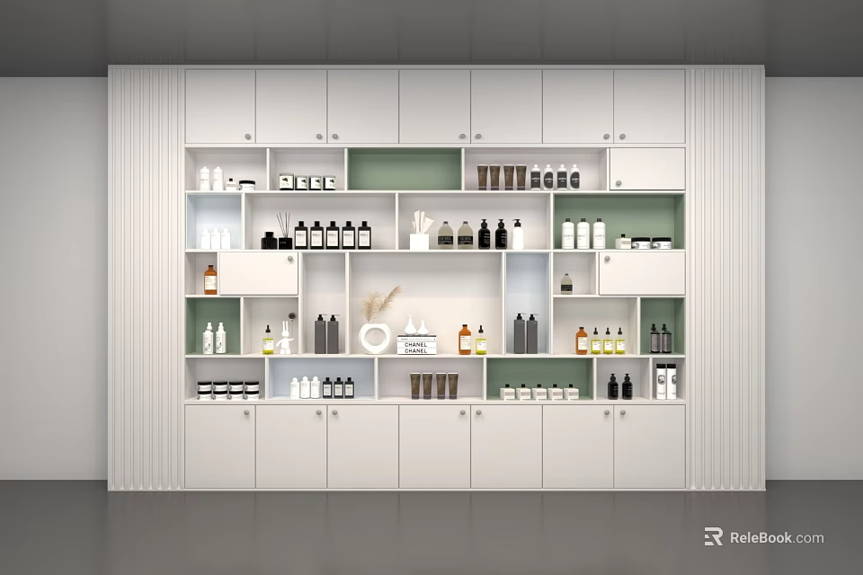 Modern White Shelving Unit With Multiple Compartments For Storing Bottles And Jars 3d model 
