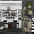 Industrial Office Interior Design With Bookshelves Green Plants Desk Chairs And Staircase