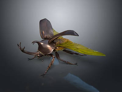 Intricate Detailed Metallic Beetle Sculpture With Green Wings And Horned Head 3d model