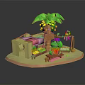 Fresh Assorted Fruits on Wooden Stall with Mango Palm Tree and Vegetables