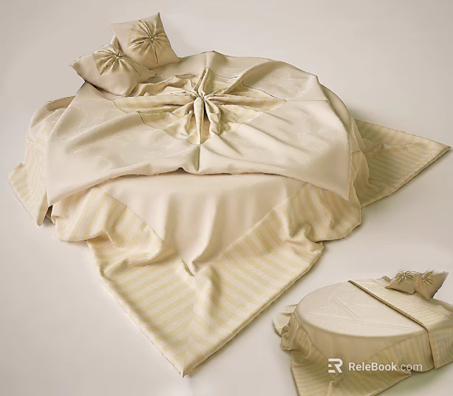 Elegant Round Bed With Cream Light Yellow Striped Bedding And Bowknot Pillows 3d model 