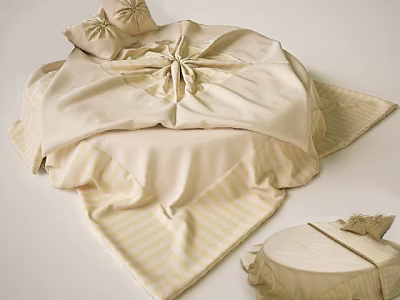 Elegant Round Bed With Cream Light Yellow Striped Bedding And Bowknot Pillows 3d model