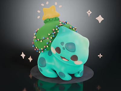 Cute Blue Spotted Doll with Green Top Star and Colorful Beads Surrounded by Shiny Stars 3d model