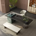Modern Tea Table With Black Top Green Marble Base White Chair Bench And Tea Set