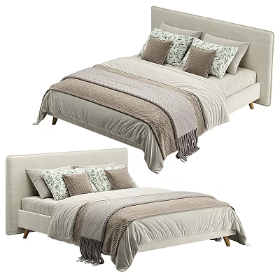 Modern Double Bed With Upholstered Headboard And Neutral Toned Bedding Pillows 3d model