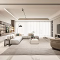 Modern Living Room Interior Design With White Sofa Beige Armchair Stone Pillar And Large Windows