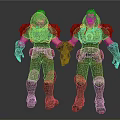 Two 3D Character Models With Red Gray Armor Costume And Hooded Design Front Back View