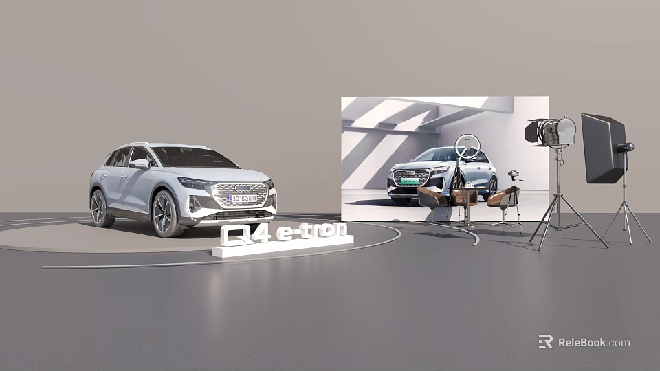 Modern Car Showroom Display With Audi C4 e-tron Vehicle And Photography Lighting Setup 3d model 