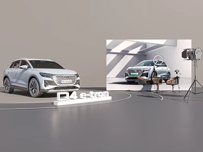 Modern Car Showroom Display With Audi C4 e-tron Vehicle And Photography Lighting Setup 3d model