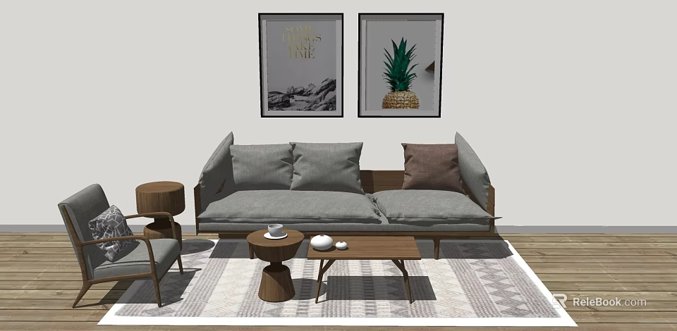 Gray Sofa And Wooden Coffee Table Set With Decorative Wall Art On Striped Rug 3d model 