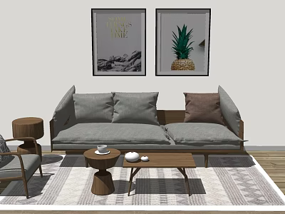 Gray Sofa And Wooden Coffee Table Set With Decorative Wall Art On Striped Rug 3d model