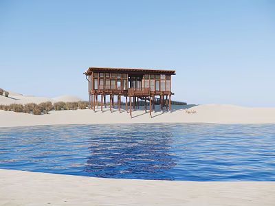 Wooden Cabin on Stilts in Desert with Pool Sand Dunes and Blue Sky 3d model
