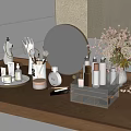 Elegant Vanity Table Arrangement With Perfume Cosmetics Makeup Brushes Skincare Bottles And Gold Mirror