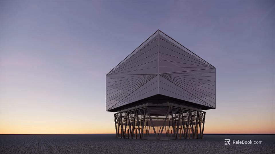 Modern Geometric Architectural Structure With Metal Support Columns And Sunset Sky 3d model 