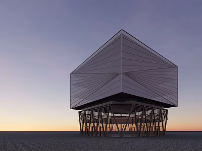 Modern Geometric Architectural Structure With Metal Support Columns And Sunset Sky 3d model