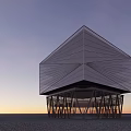 Modern Geometric Architectural Structure With Metal Support Columns And Sunset Sky