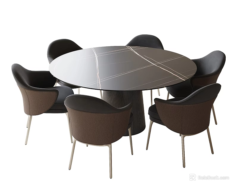 Modern Round Dining Table with Marble Top and Six Upholstered Chairs 3d model