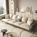 Modern Living Room Interior With Beige Sofa Green Frame Pillows Area Rug And Decorative Cabinet