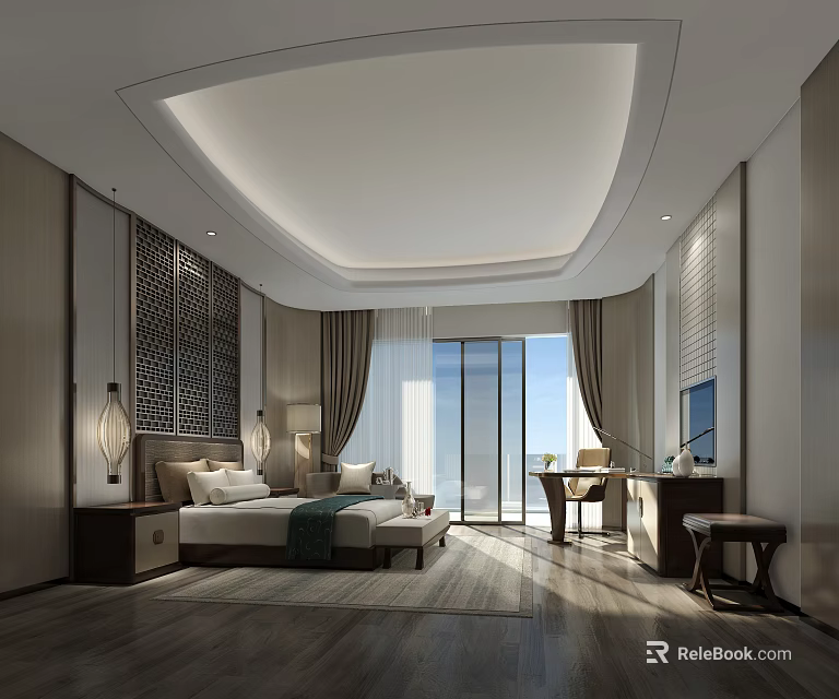 Modern Hotel Room Interior With Floor to Ceiling Windows Decorative Lattice and Wooden Flooring 3d model 