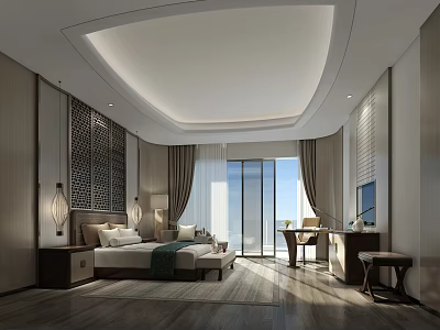 Modern Hotel Room Interior With Floor to Ceiling Windows Decorative Lattice and Wooden Flooring 3d model