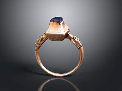 Metallic Ring With Dark Blue Gemstone And Carved Side Details For Daily Use 3d model