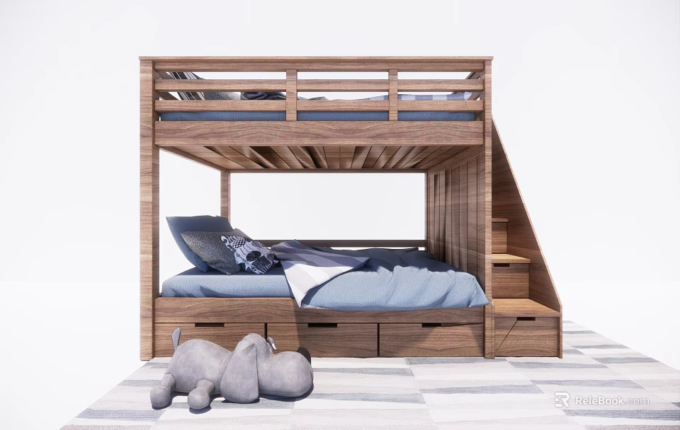 Modern Wooden Bunk Bed With Staircase Storage Drawers And Comfortable Mattress 3d model 