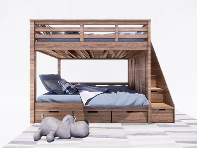 Modern Wooden Bunk Bed With Staircase Storage Drawers And Comfortable Mattress 3d model