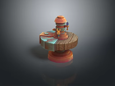 Detailed 3D Model Of Mechanical Device On Circular Wooden Platform With Orange Components 3d model