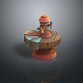 Detailed 3D Model Of Mechanical Device On Circular Wooden Platform With Orange Components
