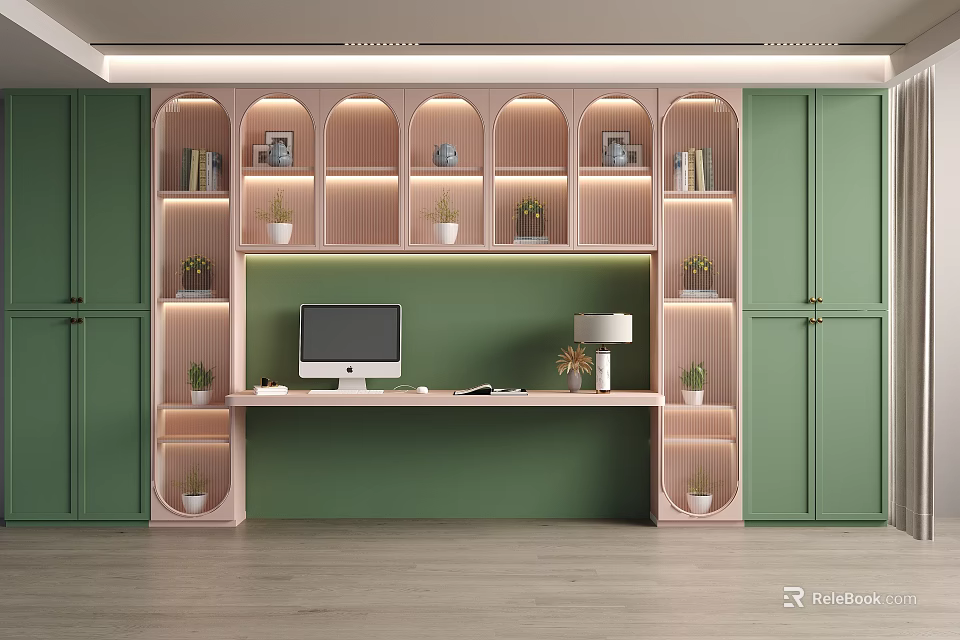 Green Decorative Cabinet With Arched Design Potted Plants Books Computer And Table Lamp 3d model 